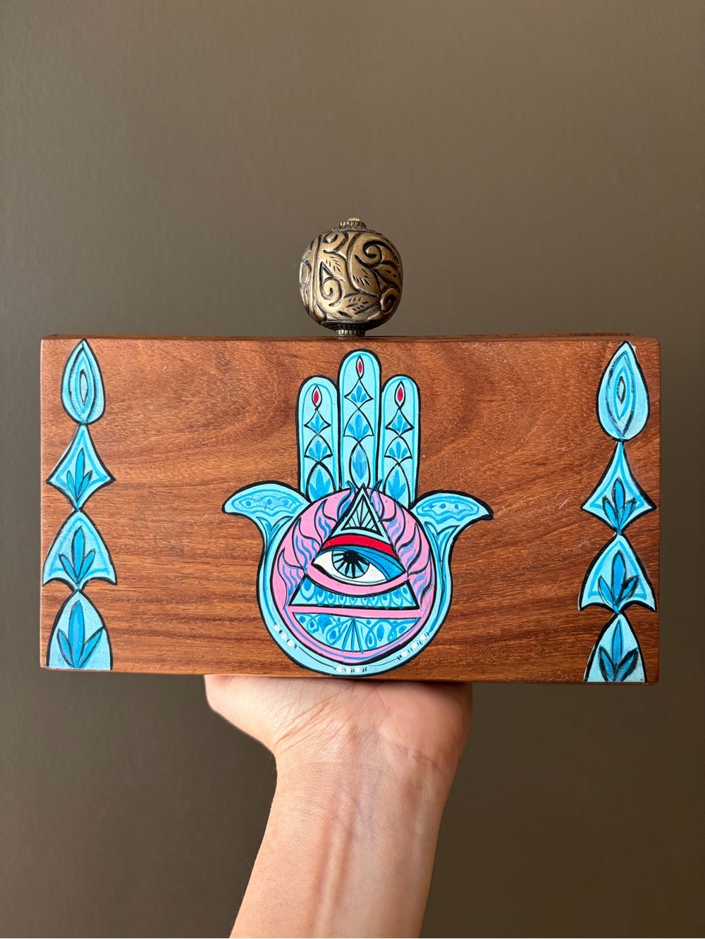 Hand-Painted Wooden Clutch with Blue Hamsa Eye Design